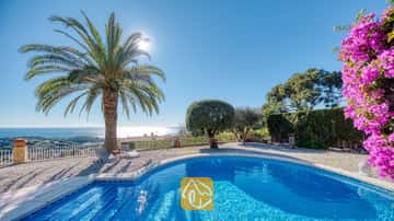Der private Pool der Villa Gabriella besticht durch seine geschwungene Form, eine große Palme und graue Sonnenliegen auf einer Kiesterrasse, von der aus Sie unter strahlender Sonne einen herrlichen Blick auf das Meer genießen.