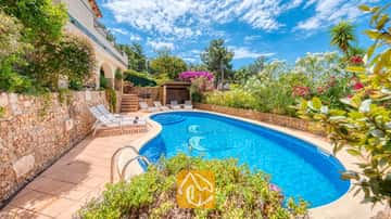 Privater Pool mit Delfin-Mosaikfliesen in der Villa Cleo, umgeben von weißen Sonnenliegen, Natursteinmauern und blühenden Sträuchern.