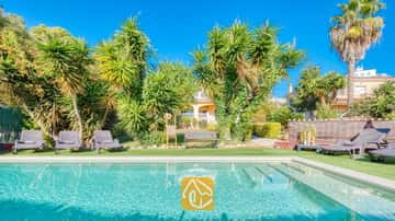 Außenpool mit integrierten Stufen in der Villa Summertime, umgeben von Kunstrasen, mehreren Sonnenliegen und tropischen Palmen unter einem blauen Himmel.
